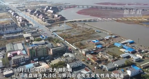 2024年10月21日，辽宁盘锦市出现海水倒灌现象（图片来源：新华社）