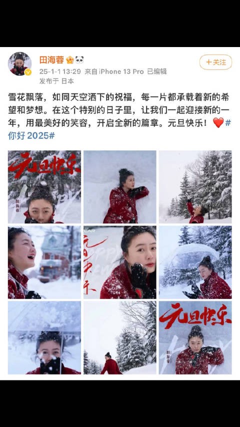 演员田海蓉元旦更新雪景九宫格，距离上次姐姐晒照已经将近半年了…