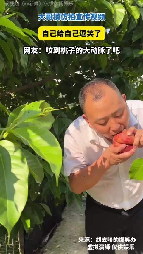 大哥模仿拍宣传视频，给自己逗笑了，第一次见水分这么多的桃子！