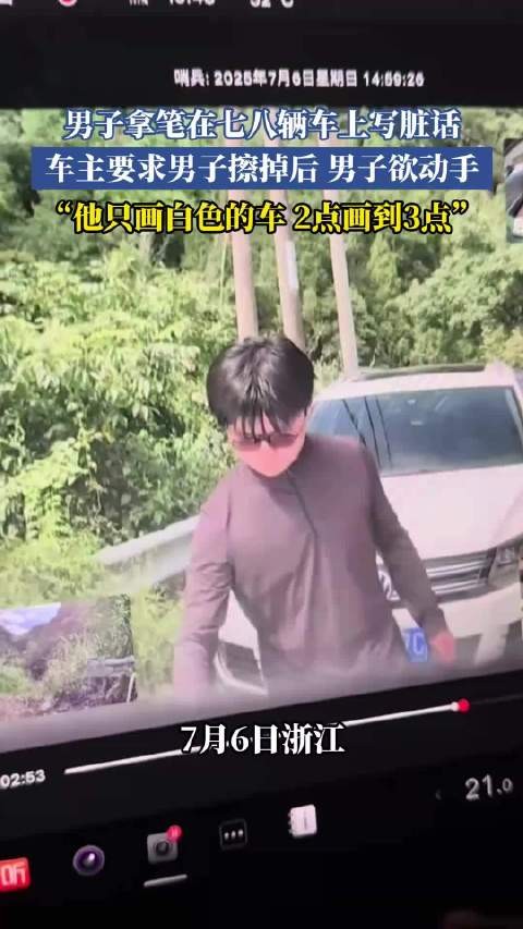 男子拿笔在七八辆车上写脏话，车主要求男子擦掉后男子欲动手