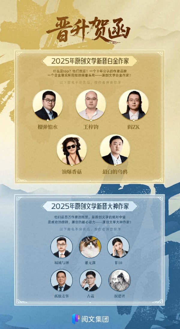 2025年阅文“白金大神”名单出炉，两位江苏80后作家成新晋“大神”