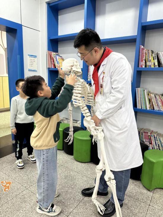 北京协和医院骨科主治医师杨阳利用骨骼模型，向学生科普脊柱知识。（北京协和医院西单院区供图）