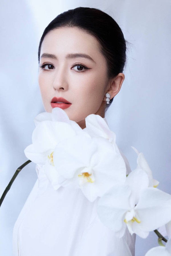 佟丽娅白衬衫搭配钻石耳饰,优雅大气。