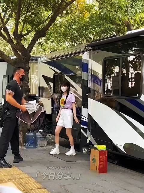 赵露思紫色向日葵T恤亮相,双麻花辫造型清新