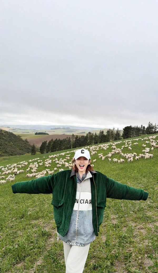 唐艺昕在大草原上与羊群合影。