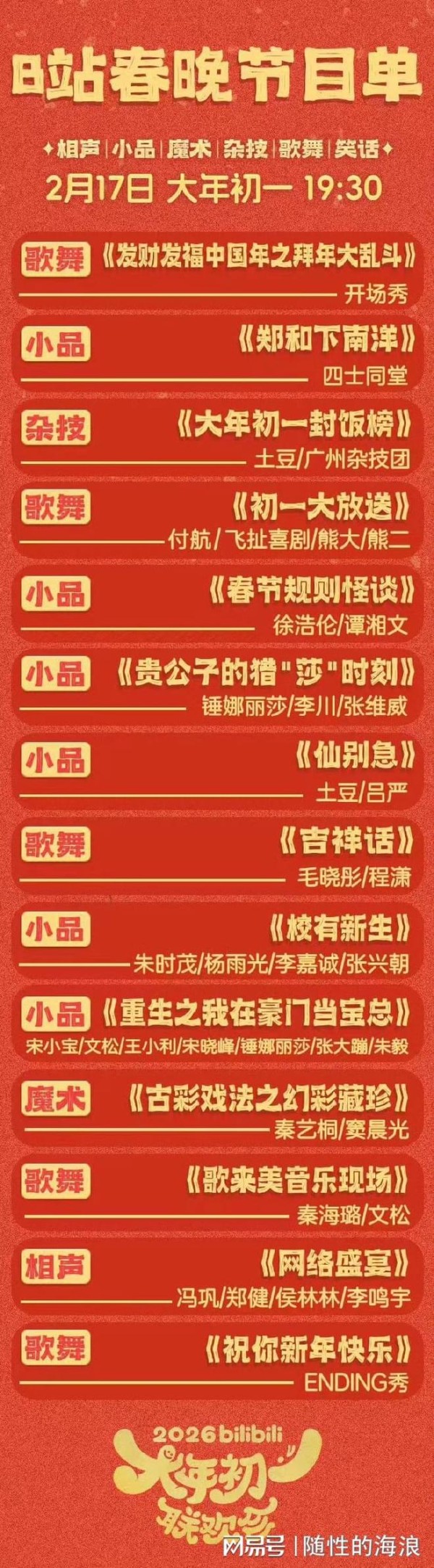 B 站 2026 春晚节目单官宣，冯巩宋小宝同台，土豆吕严再出梗