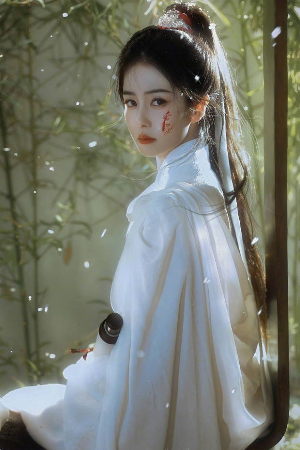 白鹿在竹林飞雪中回眸,清冷决绝。