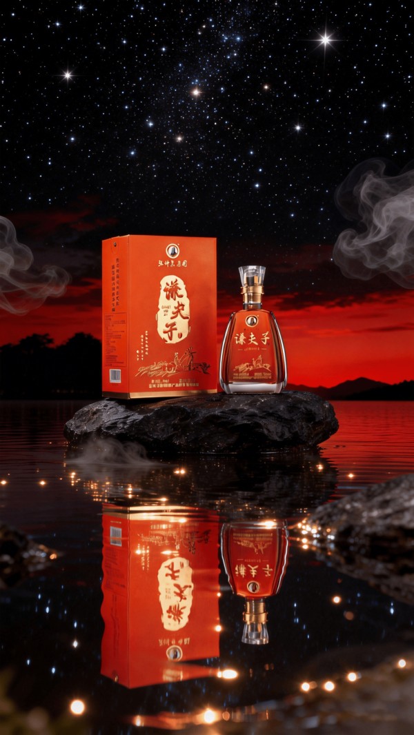 jimeng-2026-01-05-9894-酒水场景商业拍摄,新中式风格,这个酒,超广角镜头,水面,反射,唯美,背景黑红渐变...._0.png