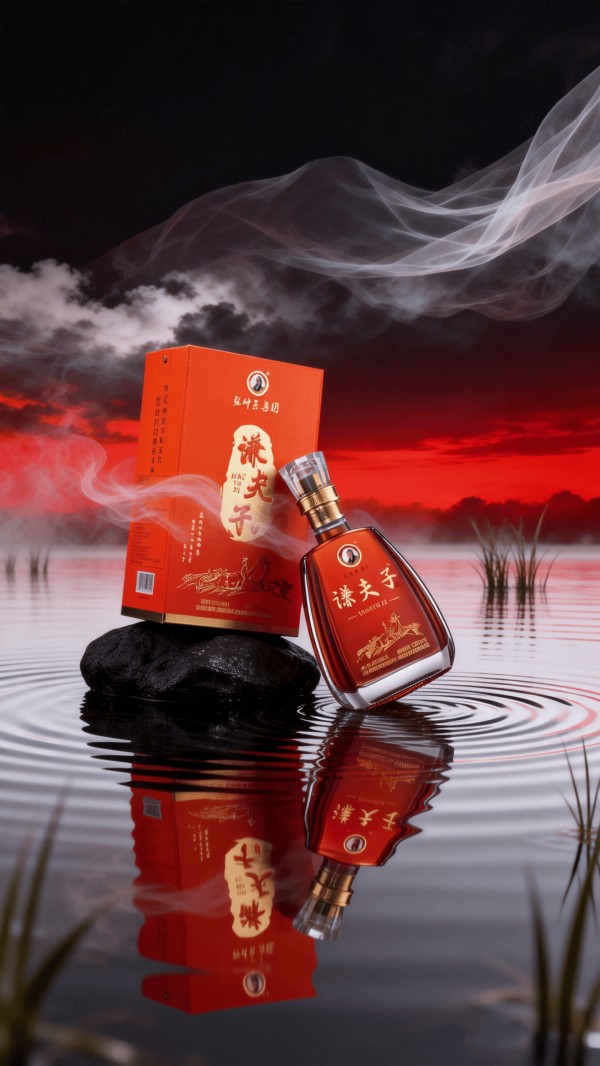 jimeng-2026-01-05-8944-酒水场景商业拍摄,新中式风格,这个酒,超广角镜头,水面,反射,唯美,背景黑红渐变...._0.png