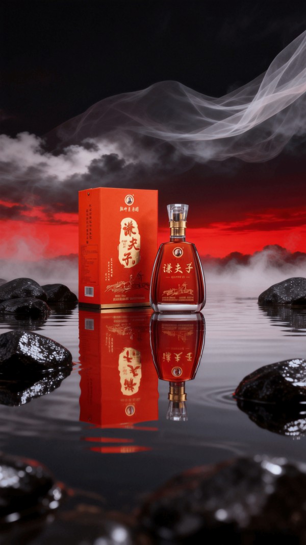 jimeng-2026-01-05-8576-酒水场景商业拍摄,新中式风格,这个酒,超广角镜头,水面,反射,唯美,背景黑红渐变...._0.png
