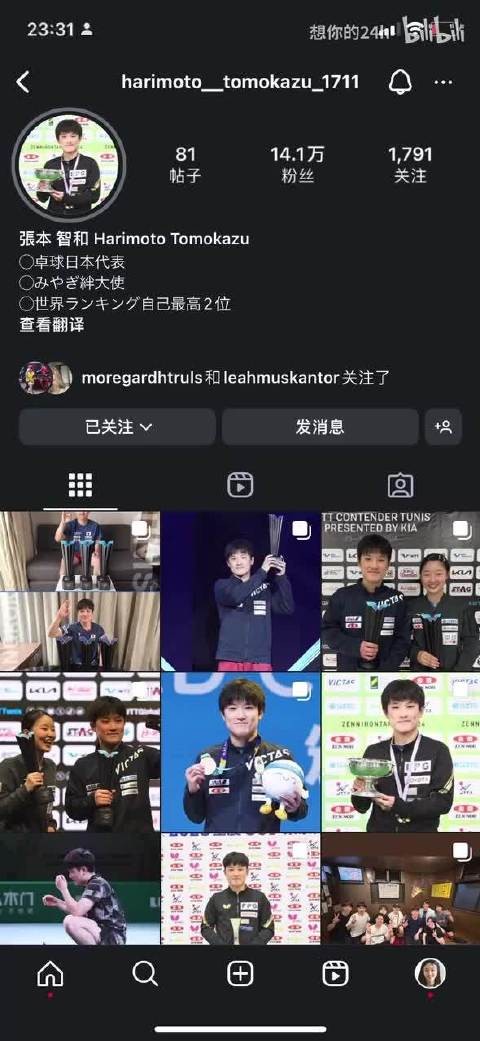 张本智和Ins 关注的1000多美女一览