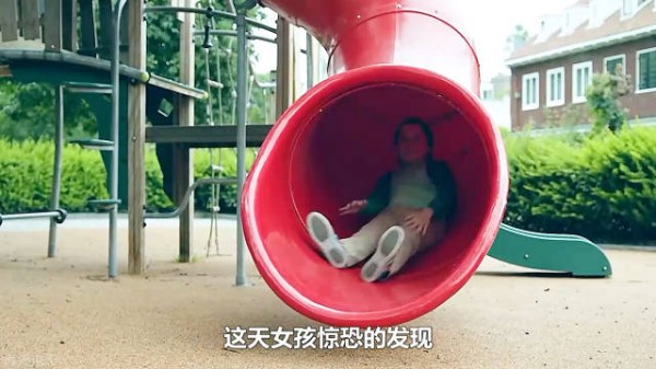 姐姐从滑梯上刚滑下去，紧接着就发现一头狮子盯着自己